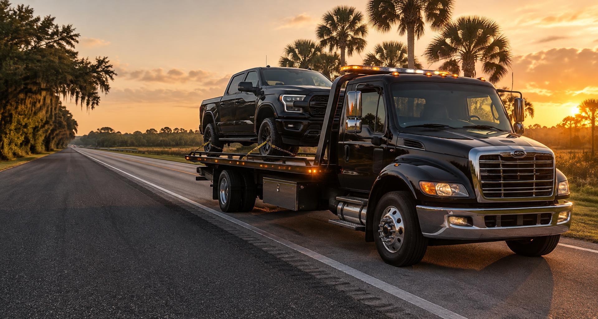 Black flatbed tow truck transporting a pickup on a Florida road